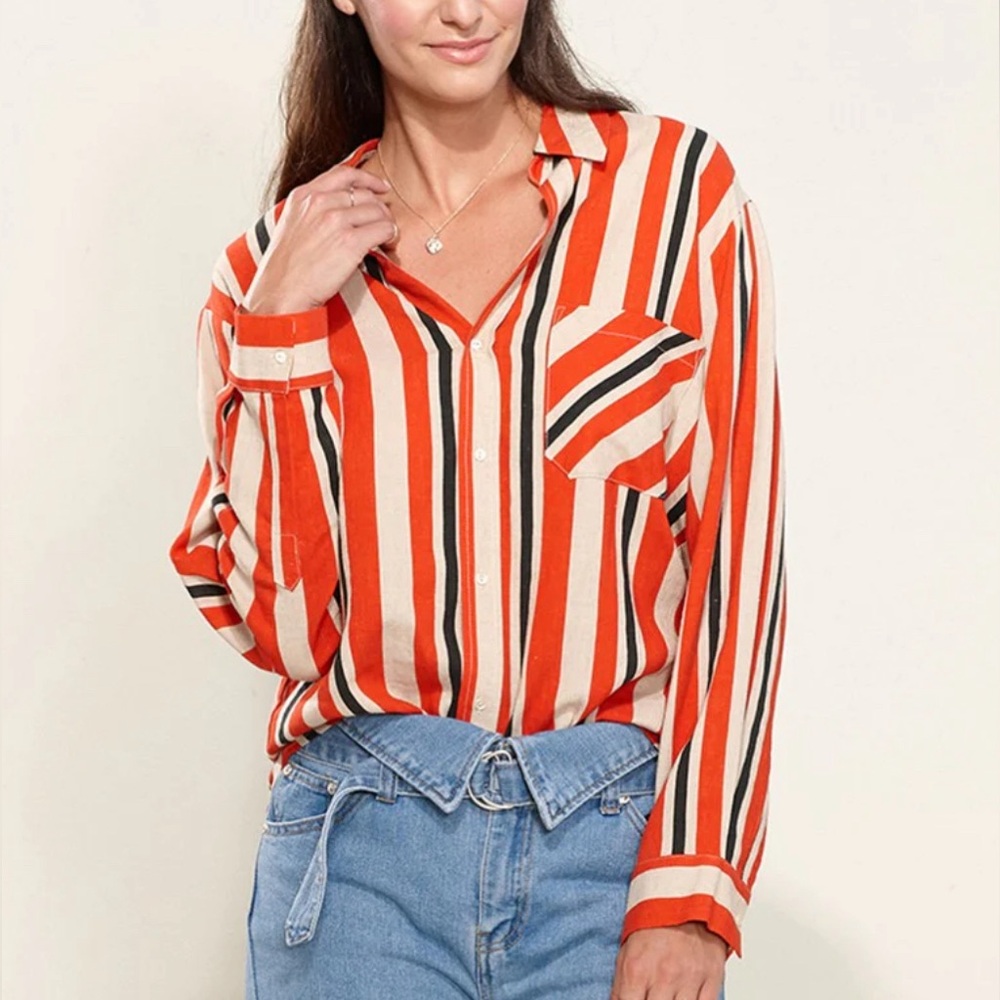 Striped cotton-linen button up